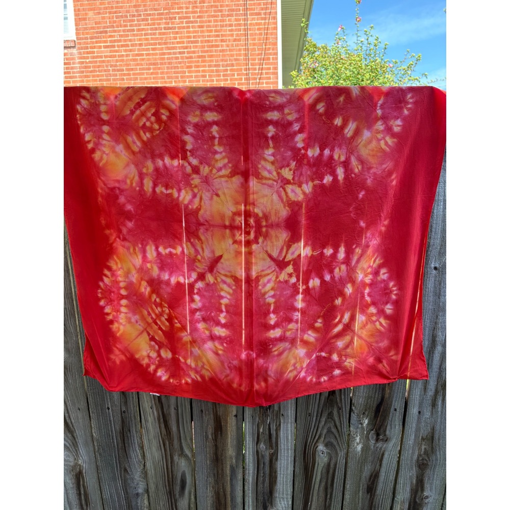 Vintage Pure Silk Square Scarf Red Orange Sunburst Tie Dye 34x34 Hand Rolled